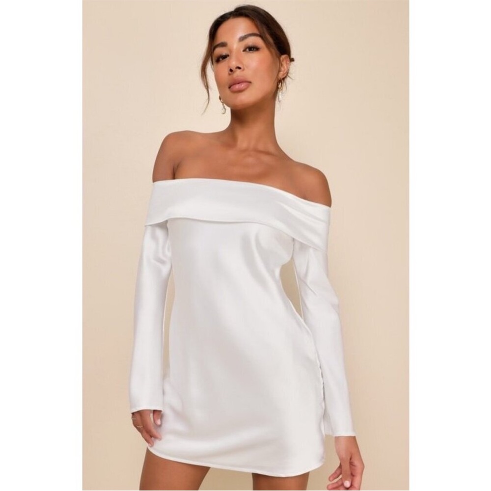 Lulu's Luxurious Vision White Satin Off-the-Shoulder Mini Dress